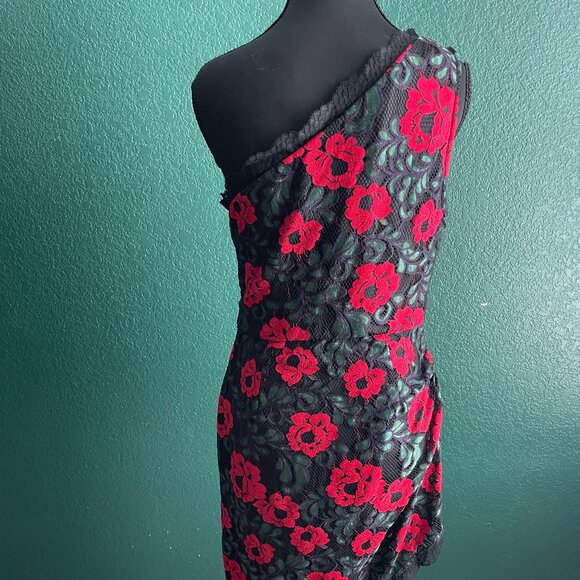 One Shoulder Black Lace Dress with Red Floral Embroidery – Elegant Cocktail Part - Picture 5 of 5